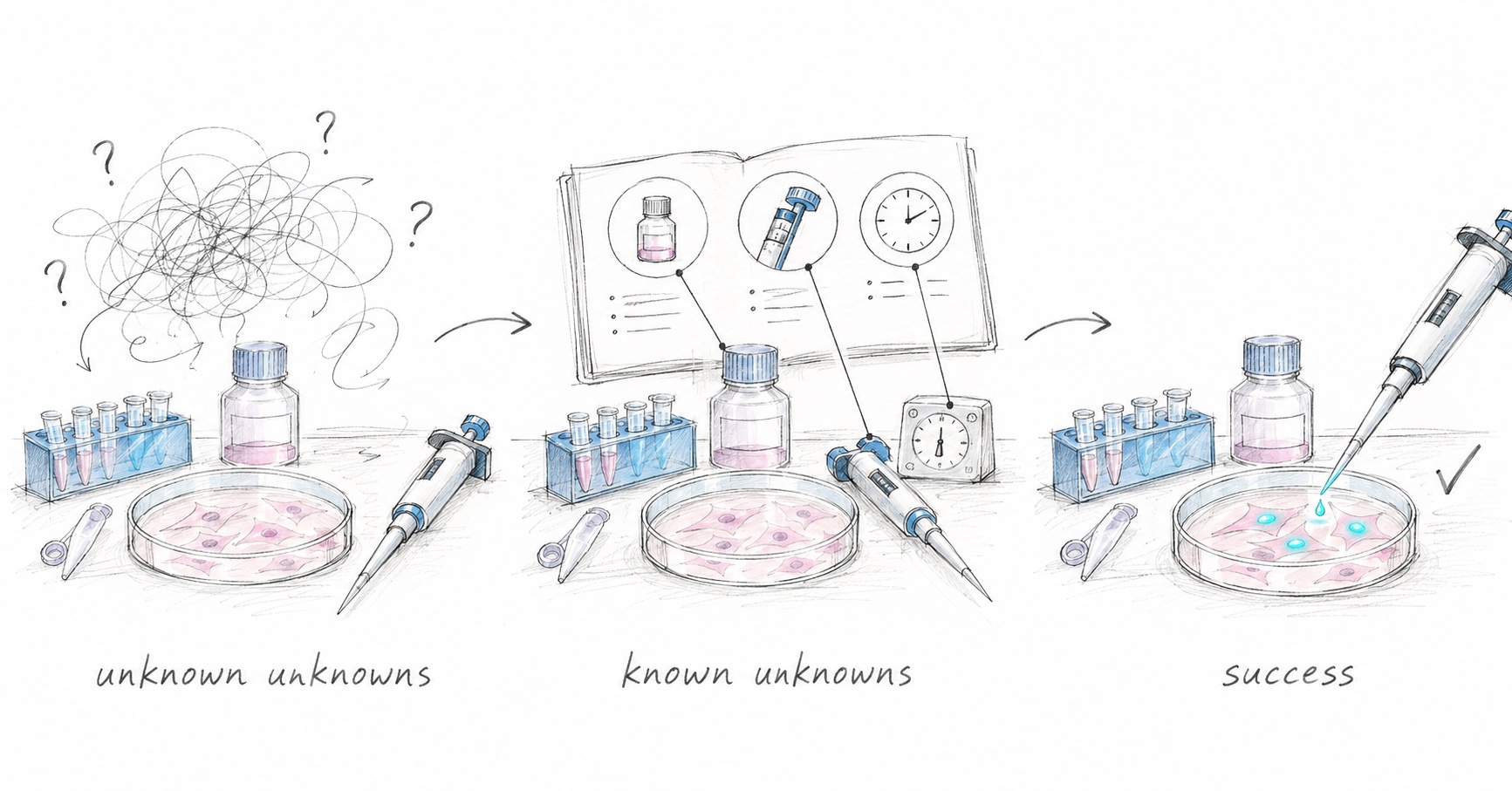 Sketch of three stages of a lab experiment: unknown unknowns, known unknowns, success